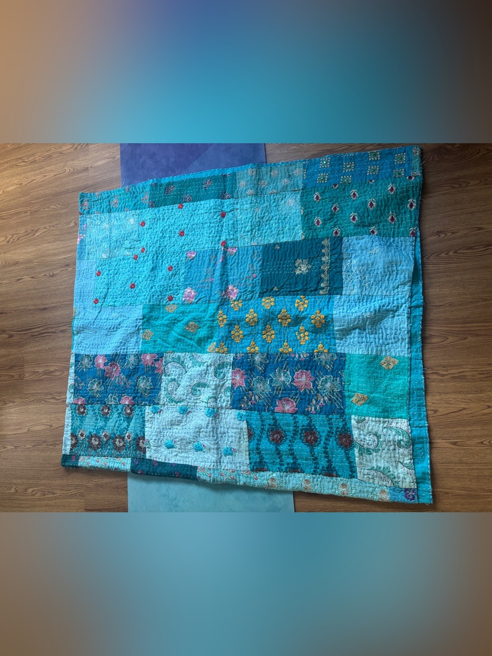 Handcrafted Teal Patchwork Quilt - Turquoise Bedding - queen size